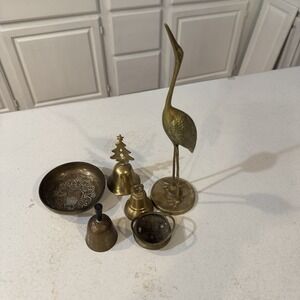 Lot‎ of 6 Vintage  Brass Hand-held Bells   Crain Bird  Bowl Handled Bowl